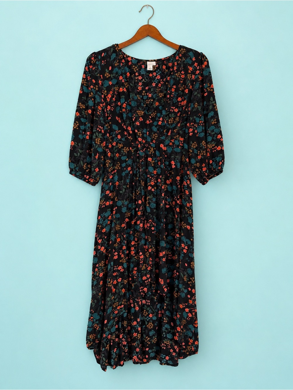 Ava & Viv XL Black Floral High Low Dress Long Sleeve Boho Cottagecore